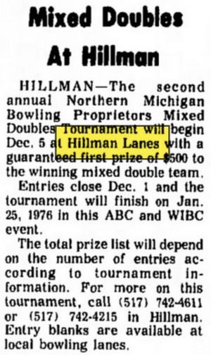 Hillman Lanes - Nov 26 1975 Article